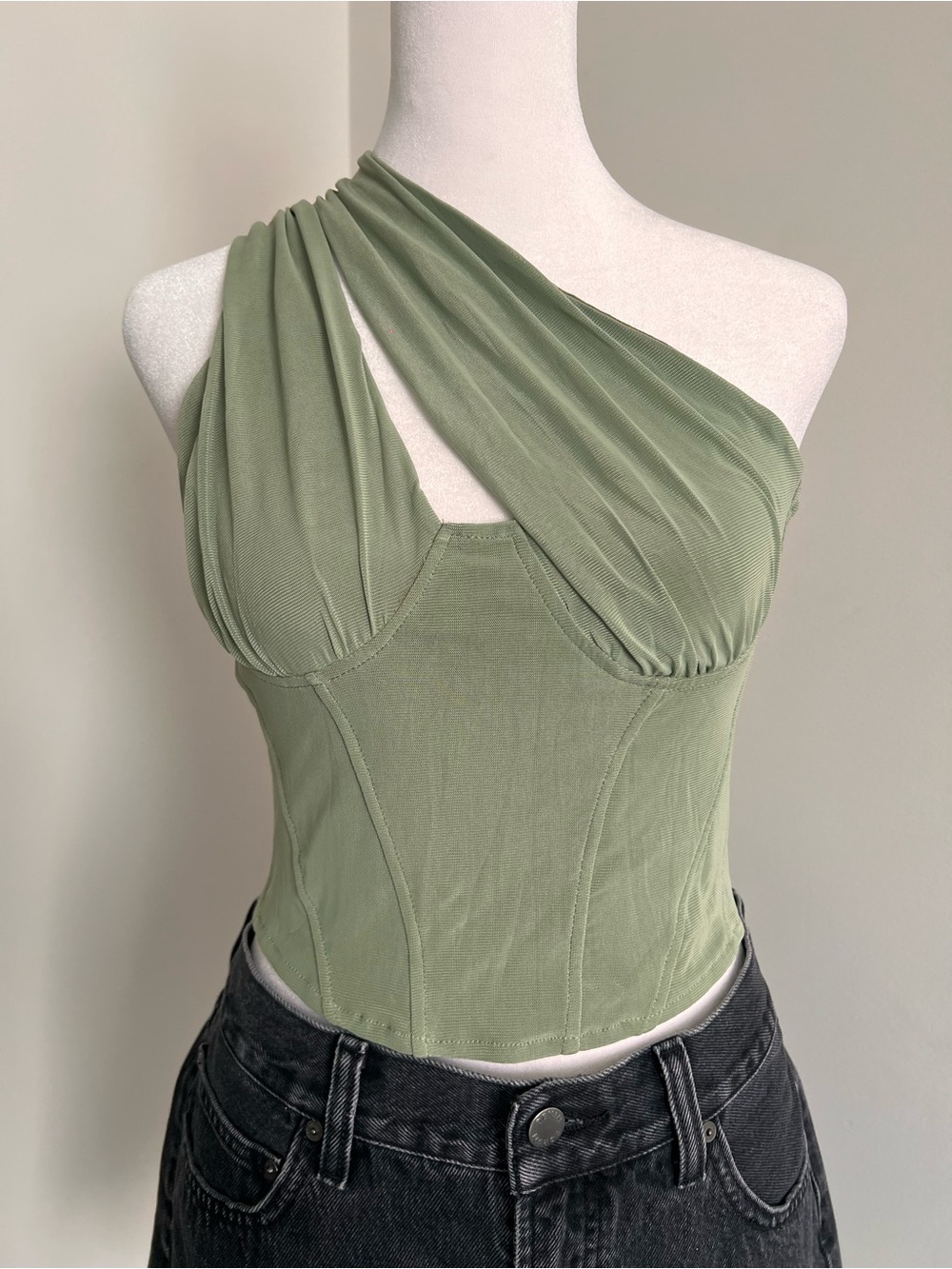 One-Shoulder Ruched Corset Tank Top - Sage Green